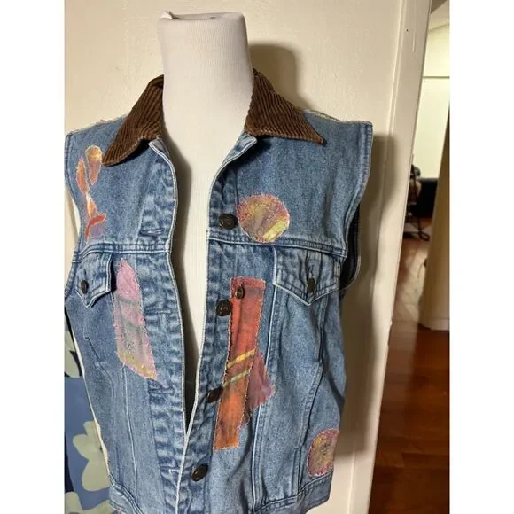 Vintage Handmade Jean Vest Jacket Patchwork Art to Wear Medium Fairy Corduroy - Picture 6 of 6